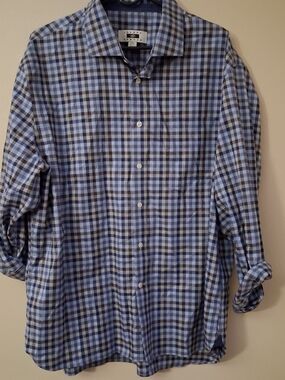 Joseph Abboud‎ Mens XXL Plaid Button Down Shirt Blue Grey Brown 100% Cotton